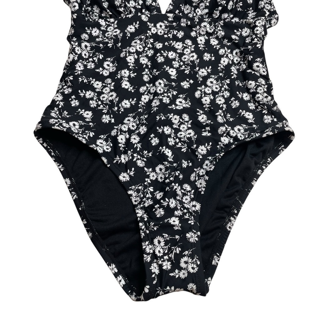 DKNY Ruffle Neck One-Piece Swimsuit Black White Floral Size 4 New - Picture 4 of 7